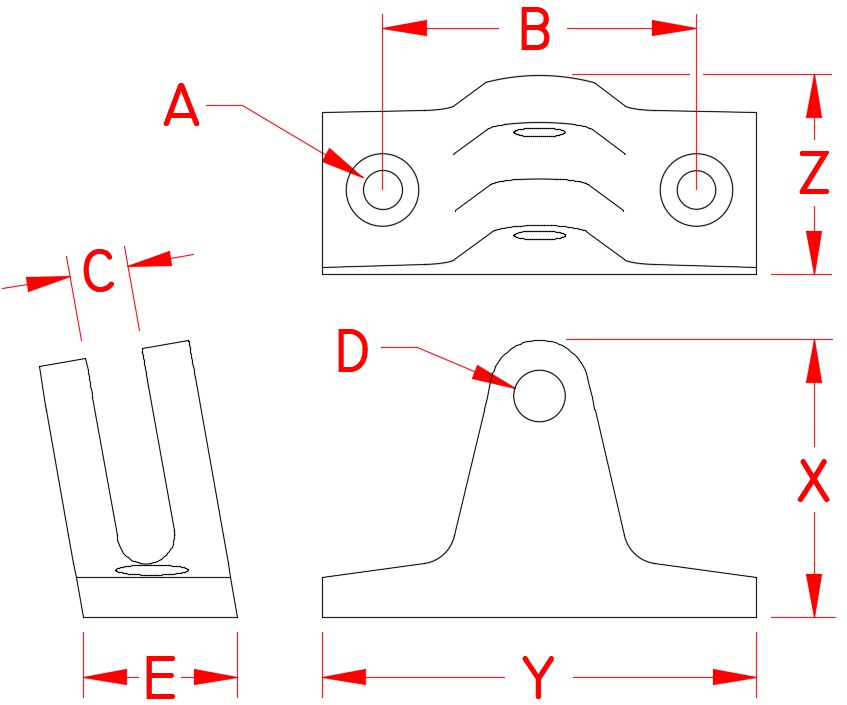 Stainless Steel Deck Hinges - 80 Degrees and Side, Railing and Bimini, S3682-4001, Line Drawing